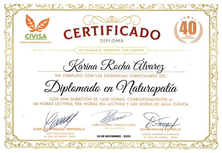 Certificado CIVISA, Diplomado Naturopatía Karina Rocha
