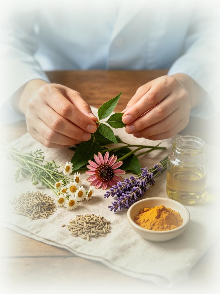 manos de naturopata con elementos medicinales