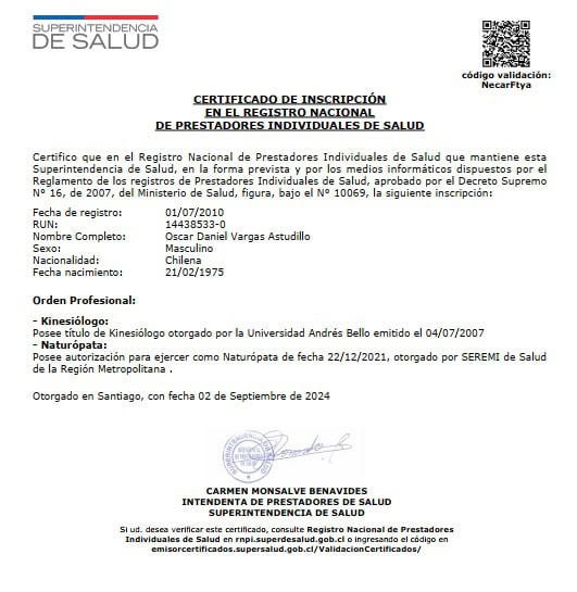 Registro Nacional de Prestadores de Salud para Kinesiólogo Oscar Vargas