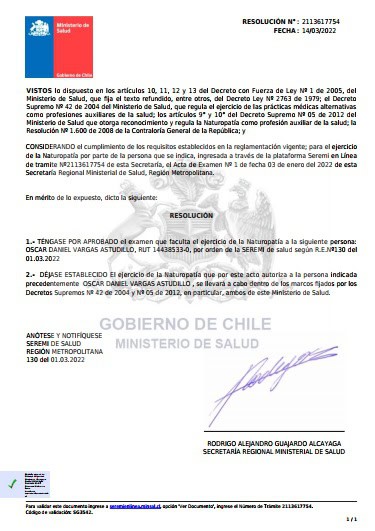 Resolución MINSAL como Naturópata para Kinesiólogo Oscar Vargas